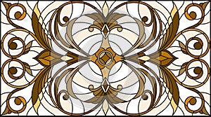 Stained glass illustration with abstract swirls and leaves on a light background,horizontal orientation, sepia