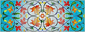 Stained glass illustration with abstract swirls and maple leaves on a sky background,horizontal orientation