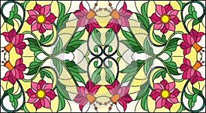 Stained glass illustration with abstract swirls,pink flowers and leaves on a yellow background,horizontal orientation