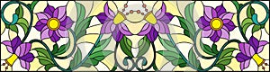 Stained glass illustration with abstract swirls,purple flowers and leaves on a yellow background,horizontal orientation