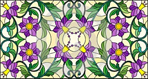 Stained glass illustration with abstract swirls,purple flowers and leaves on a yellow background,horizontal orientation