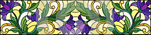 Stained glass illustration with abstract swirls,purple flowers and leaves on a yellow background,horizontal orientation