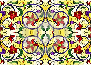 Stained glass illustration with abstract  swirls,red flowers and leaves  on a yellow background,horizontal orientation