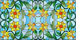 Stained glass illustration with abstract swirls,yellow flowers and leaves on a blue background,horizontal orientation