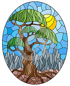 Stained glass illustration with  an abstract tree on a Sunny sky background and mountains, round image