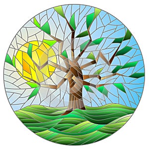 Stained glass illustration with  an abstract tree on a Sunny sky background, round image
