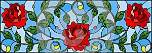 Stained glass illustration with abstracy red roses, curls and leaves on a blue background