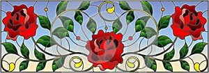 Stained glass illustration with abstracy red roses, curls and leaves on a sky background