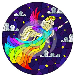 Stained glass illustration with an angel girl in a rainbow dress on the background of a starry night sky