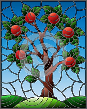 Stained glass illustration with an apple tree standing alone on a hill against the sky