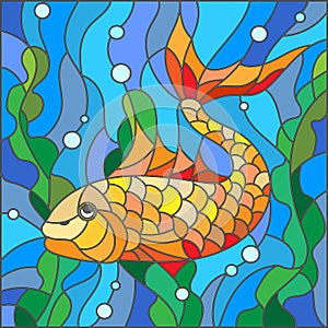 Stained glass illustration of aquarium fish, the goldfish in the background of the water and algae