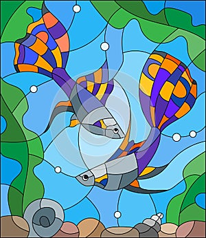 Stained glass illustration of aquarium fishes on the background of the water and algae