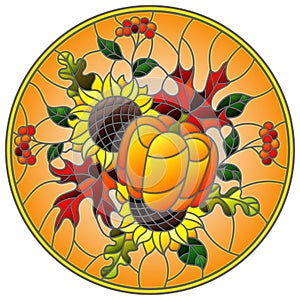Stained glass illustration with autumn composition, bright leaves,flowers and pumpkin on orange background, round image