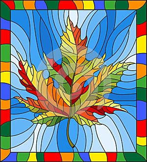 Stained glass illustration with a autumn maple leaf on a blue background,in a bright frame