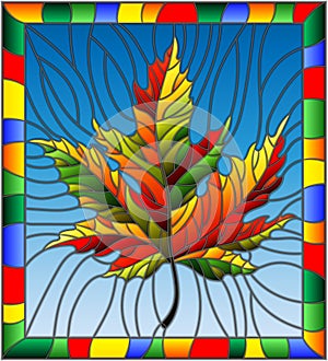 Stained glass illustration with a autumn maple leaf on a blue background,in a bright frame
