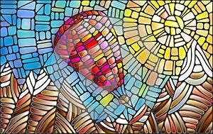 Stained glass illustration in a balloon in the sky ,sun and mountains