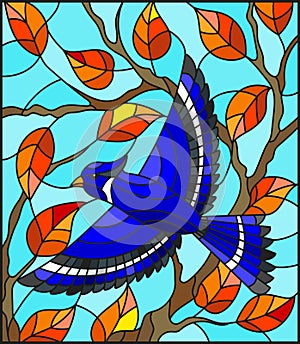 Stained glass illustration with a beautiful blue bird on a background of autumn branch of tree and sky