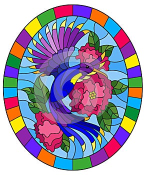 Stained glass illustration with a beautiful bright blue bird and the branch of the flowering plant on a blue background,oval pictu