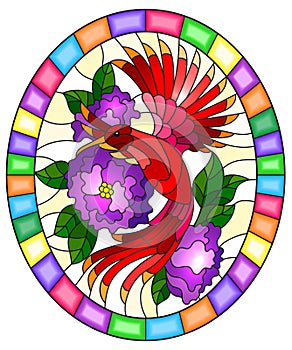 Stained glass illustration with a beautiful bright red bird and the branch of the flowering plant on a yellow background,oval pict