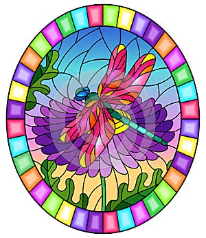 Stained glass illustration with  a beautiful  flower and a bright  dragonfly against a blue sky, oval image