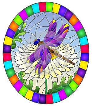 Stained glass illustration with  a beautiful  flower and a bright purple dragonfly against a blue sky, oval image