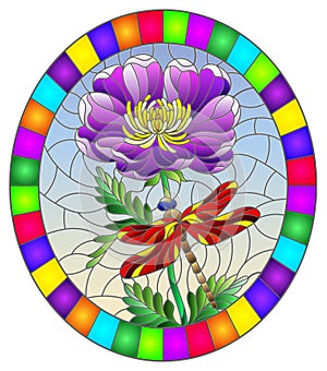 Stained glass illustration with a beautiful purple flower and a bright red dragonfly against a blue sky, oval image in bright fram