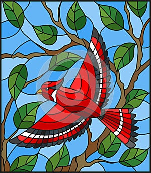 Stained glass illustration with a beautiful red bird on a background of branch of tree and sky