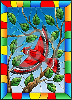 Stained glass illustration with a beautiful red bird on a background of branch of tree and sky in bright frame