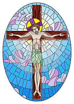 Stained glass illustration on the biblical theme, Jesus Christ on the cross against the cloudy sky and the sun, oval image