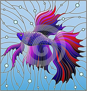 Stained glass illustration with blue fighting fish on the background of water and air bubbles
