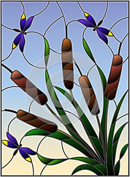 Stained glass illustration with bouquet of bulrush and dragonflies on a sky background