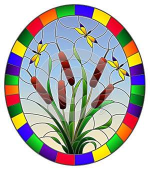 Stained glass illustration with bouquet of bulrush and dragonflies on a sky background ,round image in bright frame