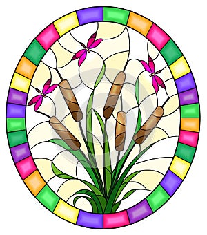 Stained glass illustration with bouquet of bulrush and pink dragonflies on a yellow background ,round image in bright frame