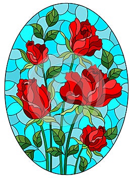 Stained glass illustration with a bouquet of red roses on a blue background, oval image