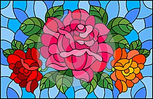 Stained glass illustration with a bouquet of roses on a blue background