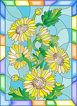 Stained glass illustration with a bouquet of sunflowers in a bright frame