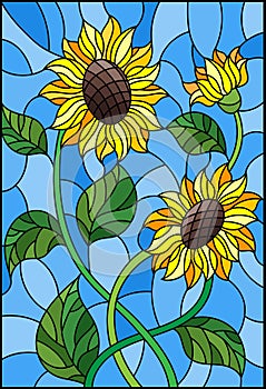 Stained glass illustration with a bouquet of sunflowers, flowers,buds and leaves of the flower on blue background