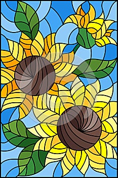 Stained glass illustration with a bouquet of sunflowers, flowers,buds and leaves of the flower on blue background