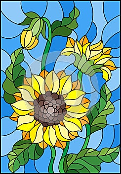 Stained glass illustration with a bouquet of sunflowers, flowers,buds and leaves of the flower on blue background