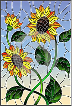 Stained glass illustration with a bouquet of sunflowers, flowers,buds and leaves of the flower on blue background