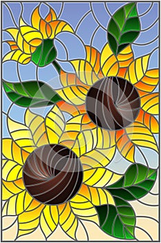 Stained glass illustration with a bouquet of sunflowers, flowers,buds and leaves of the flower on sky background