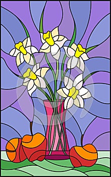 Stained glass illustration with bouquets of Narcissus flowers in a pink vase and apples on table on purple background