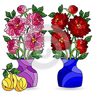 Stained glass illustration with  bouquets of peony flowers in vases and fruits, isolated on a white background