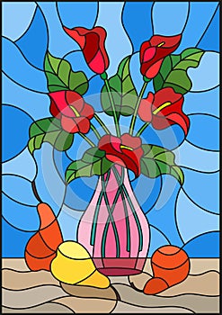 Stained glass illustration with bouquets of red Calla lilies flowers in a pink vase and pears on table on blue background