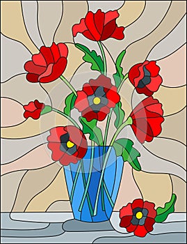 Stained glass illustration with bouquets of red poppies flowers in a blue vase on table on beige background