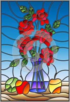 Stained glass illustration with bouquets of roses flowers in a blue vase and apples on table on blue background