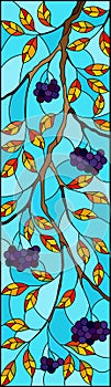 Stained glass illustration with a branch of black chokeberry, clusters of berries and leaves against the sky,vertical image