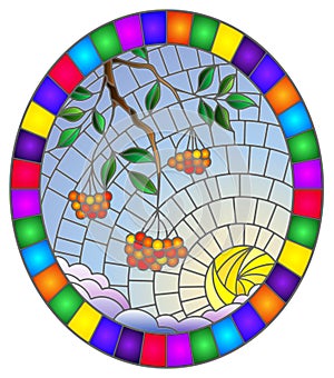 Stained glass illustration with  a branch of mountain ash, clusters of berries and leaves against the sky with sun and clouds , ov