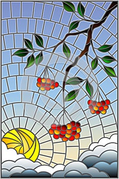 Stained glass illustration with a branch of mountain ash, clusters of berries and leaves against the sky with sun and clouds , ve