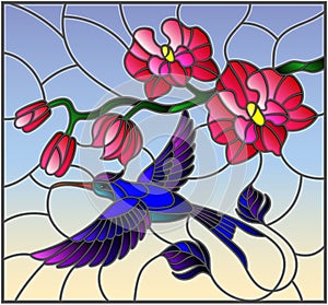 Stained glass illustration with a branch of pink Orchid and bright bird Hummingbird on a sky background